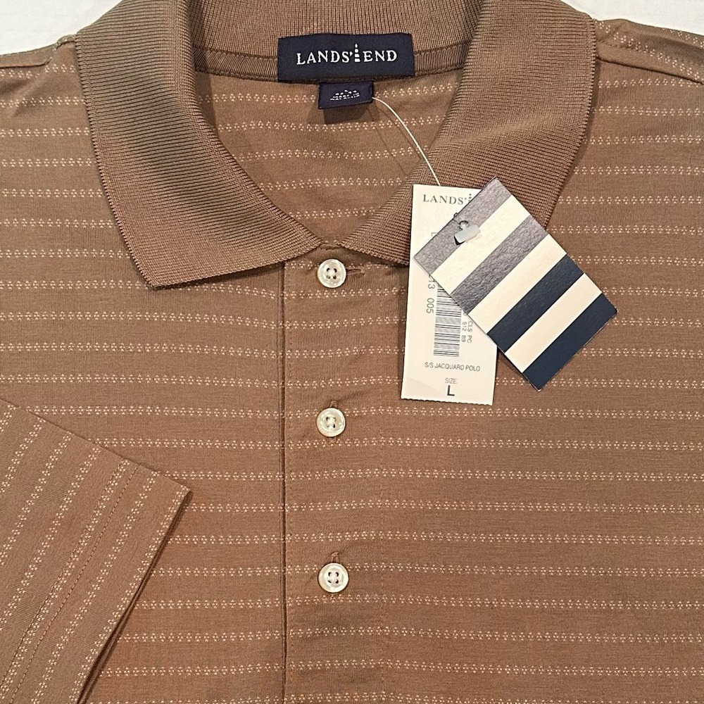 Lands' End Cotton Jacquard Striped Golf Polo Shirt Men's Large Brown Athleisure